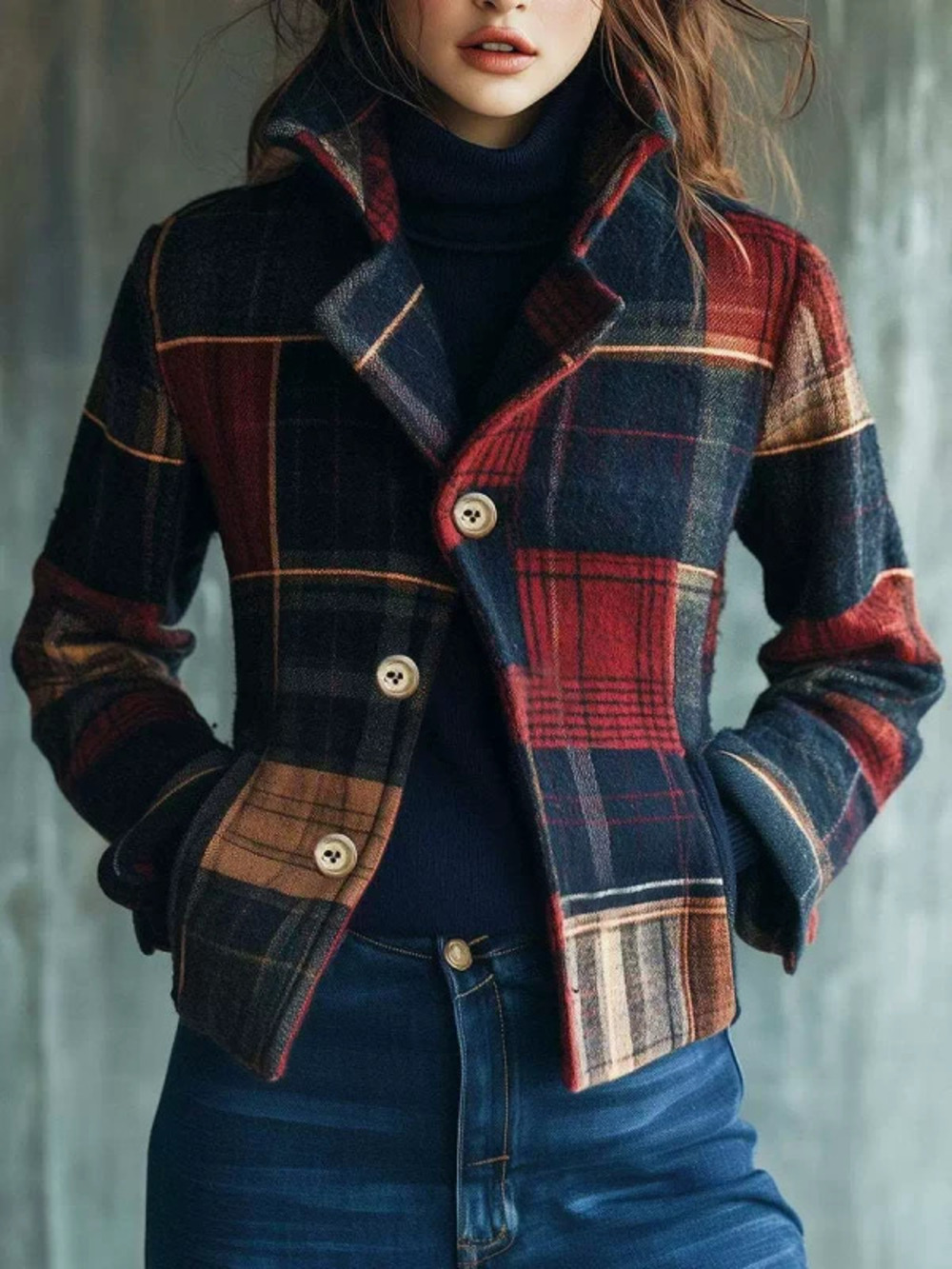 Retro Warm Plaid Patchwork Button Stand Collar Blazer Fall Winter